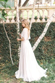 Cecilia | Sheath Scoop-Neck Floor-Length Chiffon Wedding Dress with Poet Sleeves and Appliqué Pleats