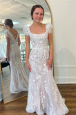 Theresa | Champagne Square Neck Long Prom Dress with Appliqué and Puff Sleeves