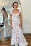 Theresa | Champagne Square Neck Long Prom Dress with Appliqué and Puff Sleeves