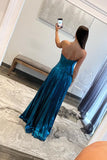 Charming A-Line Turquoise Sweetheart Metallic Pleated Long Prom Dress With Slit