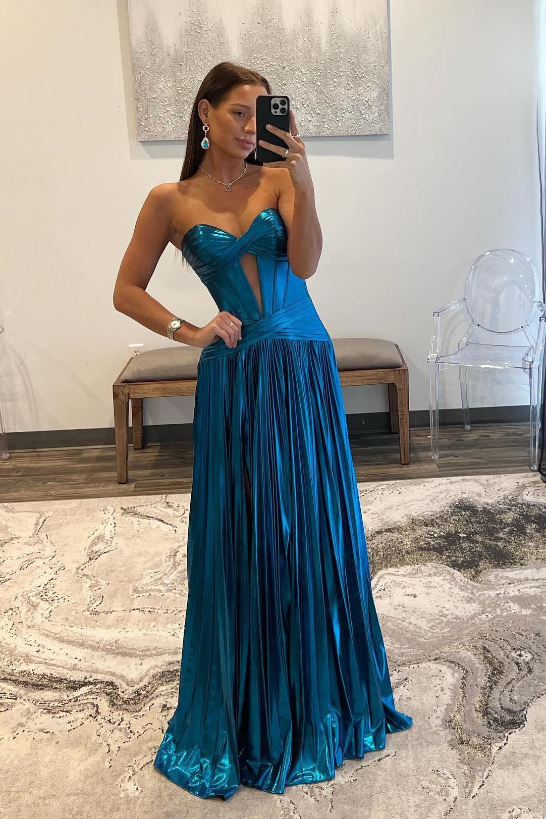 Charming A-Line Turquoise Sweetheart Metallic Pleated Long Prom Dress With Slit