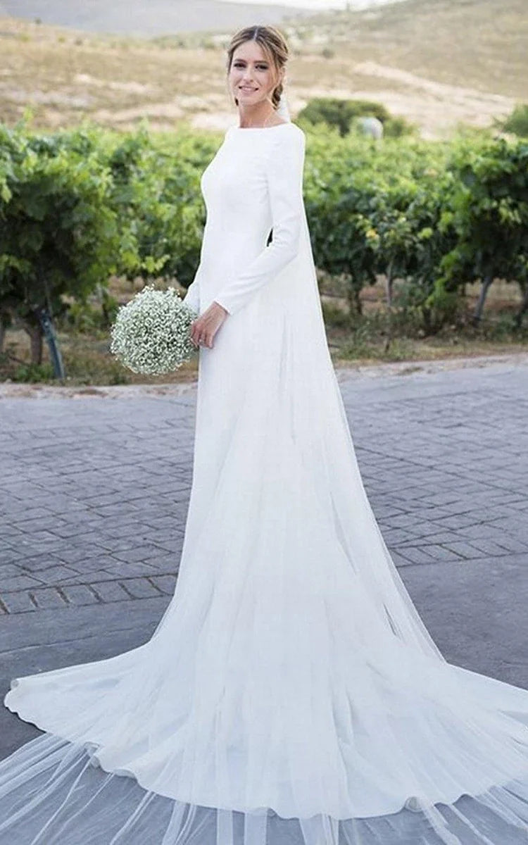 Simple Chiffon Sheath Bridal Gown with Bateau Neckline, Deep-V Back, and Chapel Train