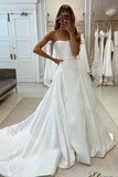 Simple Satin A-Line Sweetheart Strapless Wedding Dress with Belt and Train