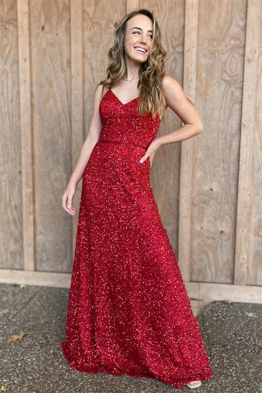 Spaghetti Straps  Red Sequins Long Prom Dress with Sparkle