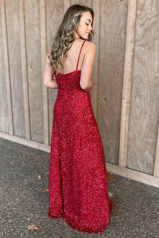 Spaghetti Straps  Red Sequins Long Prom Dress with Sparkle