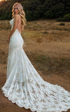 Amal | Spaghetti V-Neck Mermaid Vintage Lace Floral Backless Wedding Dress with Train
