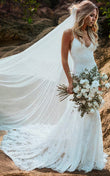 Amal | Spaghetti V-Neck Mermaid Vintage Lace Floral Backless Wedding Dress with Train