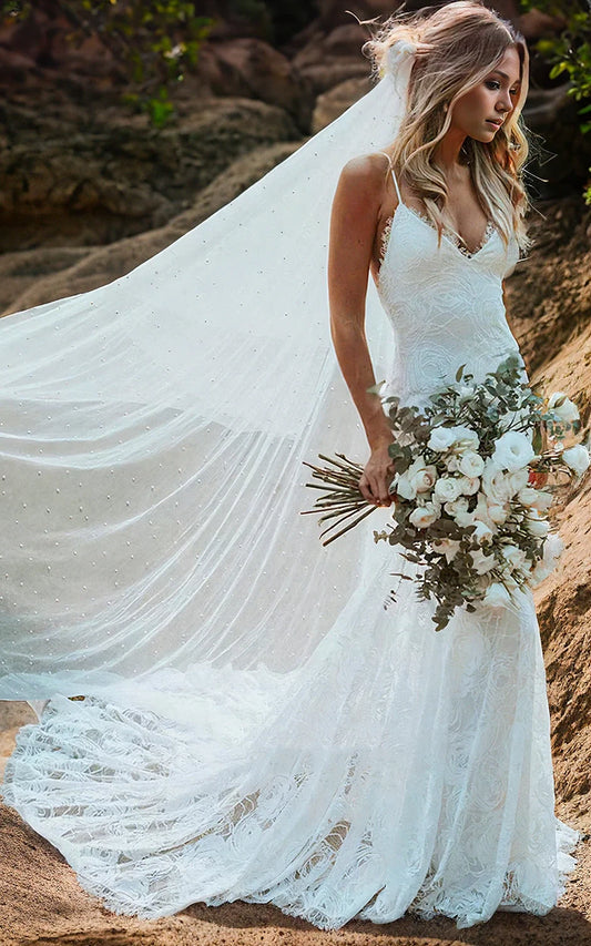 Amal | Spaghetti V-Neck Mermaid Vintage Lace Floral Backless Wedding Dress with Train