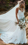 Amal | Spaghetti V-Neck Mermaid Vintage Lace Floral Backless Wedding Dress with Train