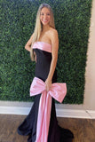 Charming Mermaid Strapless Black Satin Long Prom Dress with Pink Bow