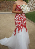 Sweetheart Sleeveless White-Red Lace Appliques Mermaid Wedding Dress