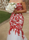 Sweetheart Sleeveless White-Red Lace Appliques Mermaid Wedding Dress