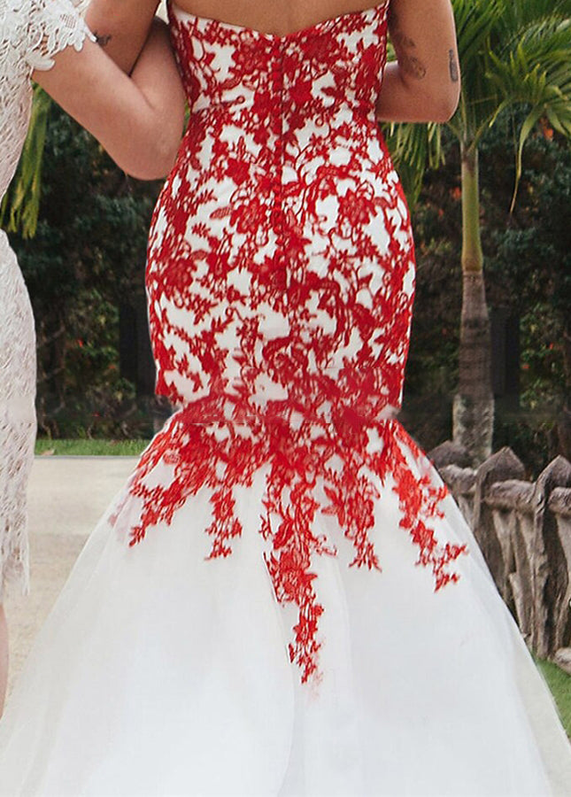 Sweetheart Sleeveless White-Red Lace Appliques Mermaid Wedding Dress