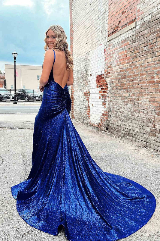 Straps | Royal Blue Mermaid Prom Dress with Slit