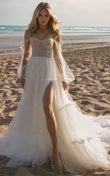 Sweetheart Neck A-Line Off-the-Shoulder Long Sleeve Tulle Wedding Dress with Pleats