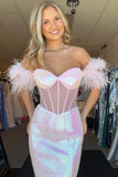 Charming Mermaid Sweetheart Pink Off-the-Shoulder Feathered Prom Dress