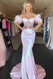 Charming Mermaid Sweetheart Pink Off-the-Shoulder Feathered Prom Dress