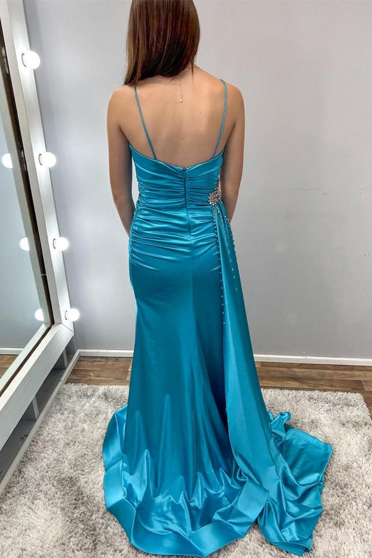 Charming Scoop Neck Teal Beaded Long Prom Dresses with Attached Train