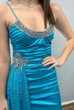 Charming Scoop Neck Teal Beaded Long Prom Dresses with Attached Train