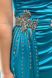 Charming Scoop Neck Teal Beaded Long Prom Dresses with Attached Train