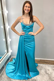 Charming Scoop Neck Teal Beaded Long Prom Dresses with Attached Train