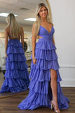 Cute A Line V-Neck Ruffle Tiered Chiffon Prom Dress with Slit