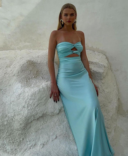 Charming Mermaid Strapless Tiffany Aqua Blue Silk Satin Long Prom Dress