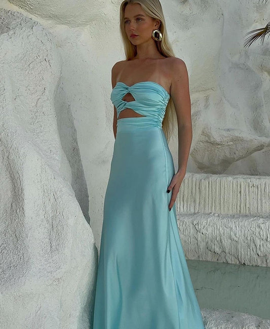 Charming Mermaid Strapless Tiffany Aqua Blue Silk Satin Long Prom Dress