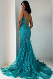 Charming Mermaid Scoop Neck Turquoise Lace Long Prom Dresses