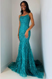 Charming Mermaid Scoop Neck Turquoise Lace Long Prom Dresses