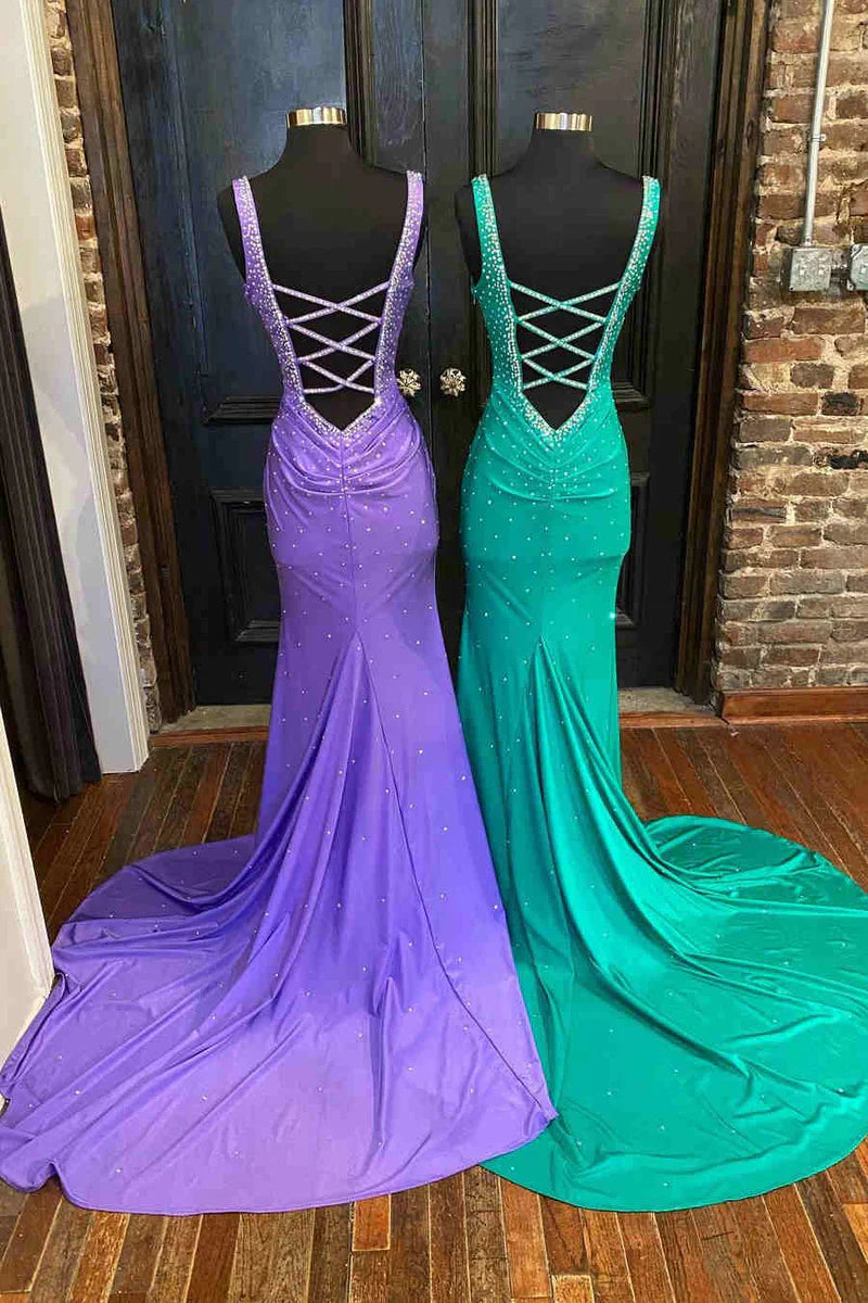 Elle | Beaded Satin Mermaid Prom Dress with V-Neck and Cross Back