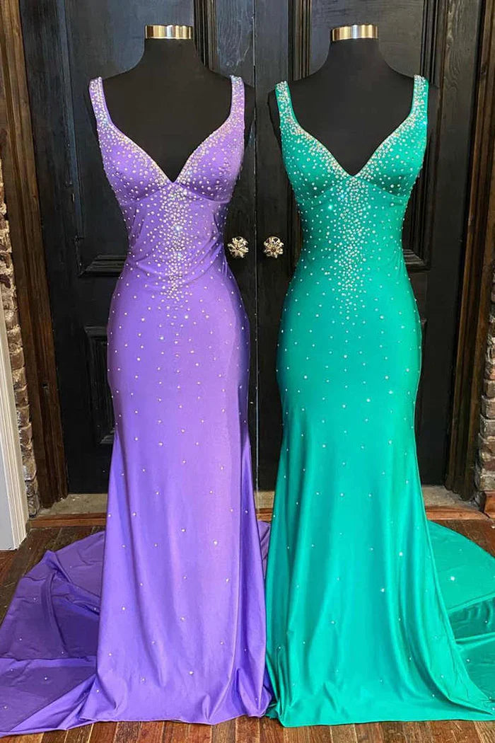 Elle | Beaded Satin Mermaid Prom Dress with V-Neck and Cross Back