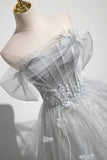 Tiana | Gray A-Line Off-the-Shoulder Tulle Prom Dress, Lovely Corset Floor-Length Party Dress