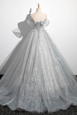 Tiana | Gray A-Line Off-the-Shoulder Tulle Prom Dress, Lovely Corset Floor-Length Party Dress