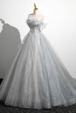 Tiana | Gray A-Line Off-the-Shoulder Tulle Prom Dress, Lovely Corset Floor-Length Party Dress