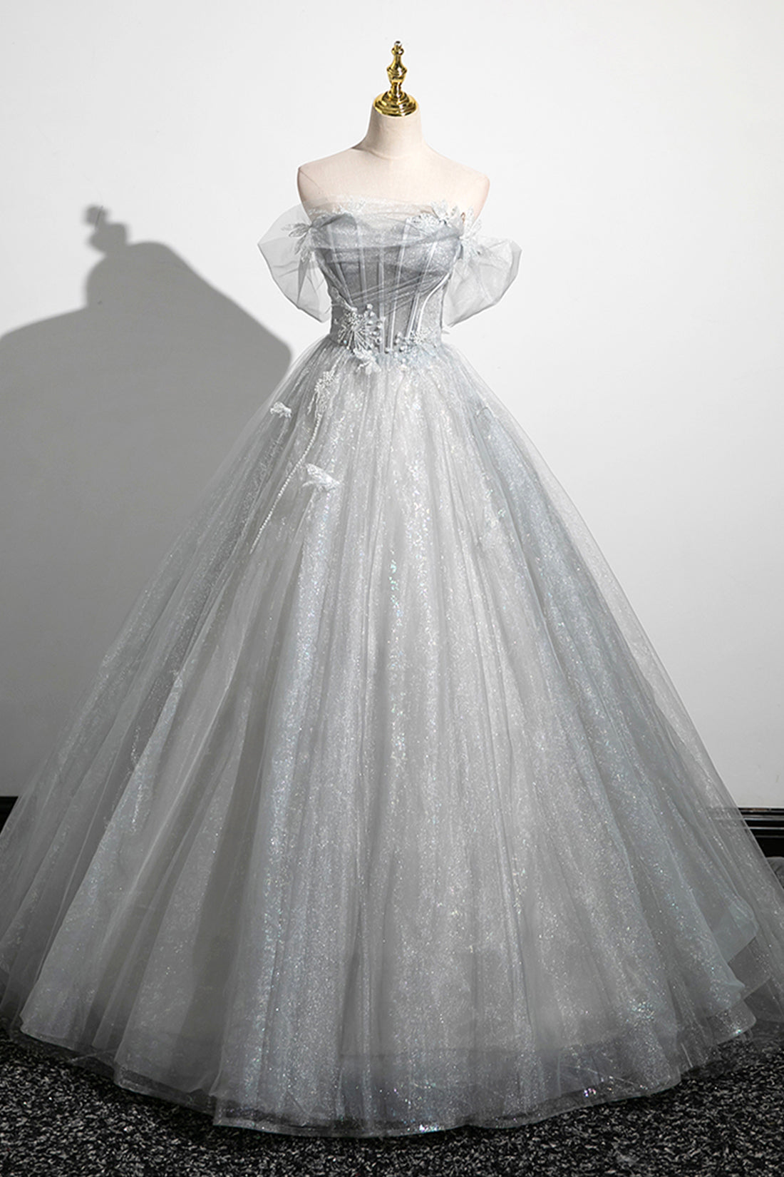 Tiana | Gray A-Line Off-the-Shoulder Tulle Prom Dress, Lovely Corset Floor-Length Party Dress