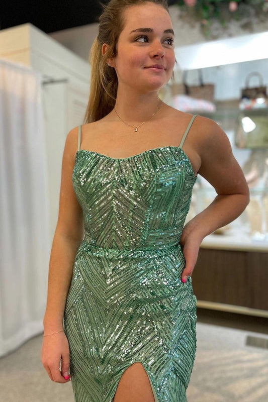 Isla | Charming Mermaid Sage Green Sweetheart Sequins Prom Dress with Slit