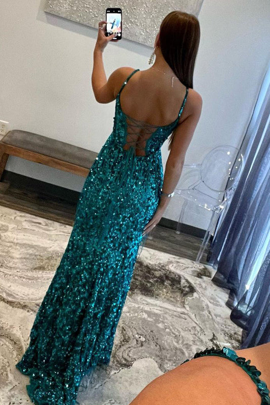 Glamorous Mermaid V-Neck Sequin Prom Dress with Beading