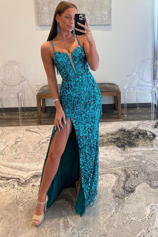 Glamorous Mermaid V-Neck Sequin Prom Dress with Beading