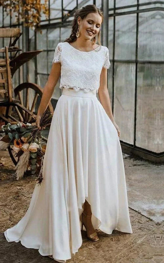 Vintage Boho Two-Piece Satin and Lace Wedding Dress with Bateau Neckline, Short Sleeves, Pleats, and Sweep Train