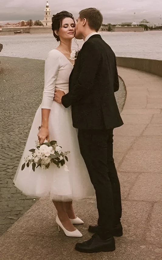 Vintage-Inspired Short A-Line Satin Tea-Length Wedding Dress with Long Sleeves and Plunging Neckline
