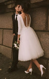 Vintage-Inspired Short A-Line Satin Tea-Length Wedding Dress with Long Sleeves and Plunging Neckline