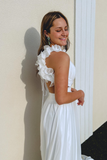 White A-Line Prom Dress with Ruffle Straps, Pleated Cut-Out, and Deep V Neck