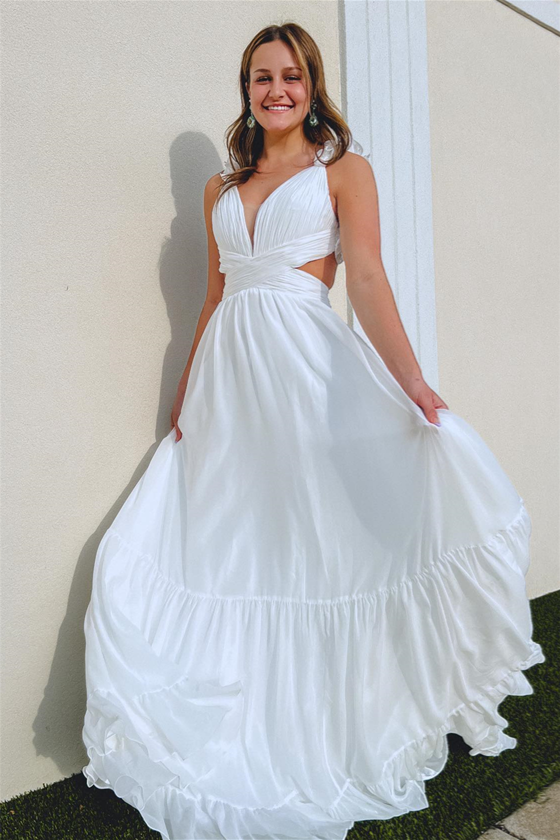 White A-Line Prom Dress with Ruffle Straps, Pleated Cut-Out, and Deep V Neck