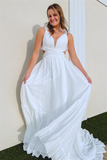 White A-Line Prom Dress with Ruffle Straps, Pleated Cut-Out, and Deep V Neck