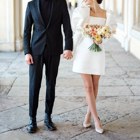 Chic White Satin Short Wedding Dress with Statement Puff Sleeves