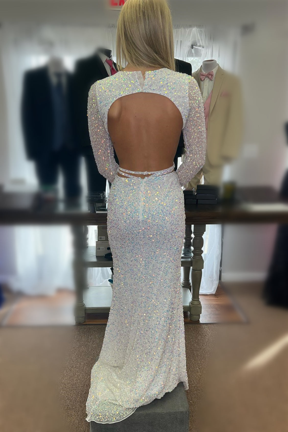 Elegant White Sequins Mermaid Long Sleeves Cut-Out Long Prom Dress