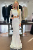 Elegant White Sequins Mermaid Long Sleeves Cut-Out Long Prom Dress