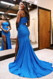 Charming Mermaid One Shoulder Blue Satin Prom Dress with Beading