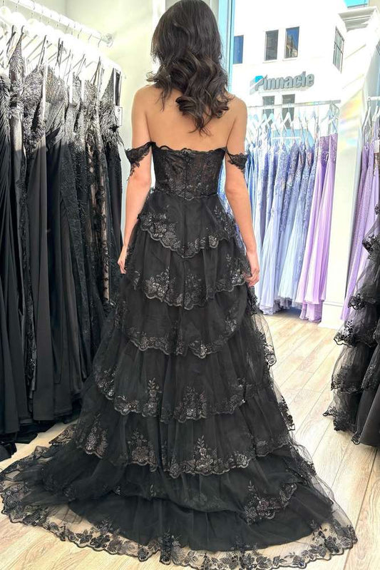 Cute A-Line Off-the-Shoulder Black Lace Appliques Tiered Prom Dress